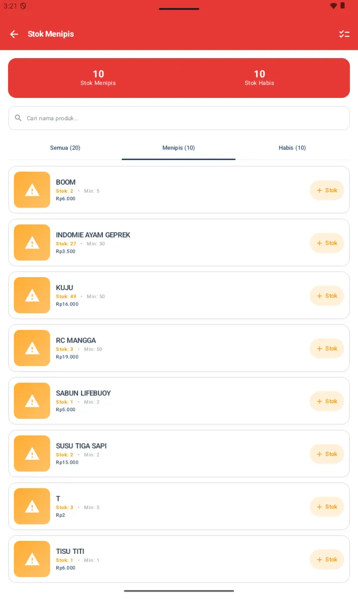 Halaman Stok Menipis dengan stats card, tab filter Semua/Menipis/Habis, dan list produk dengan tombol + Stok