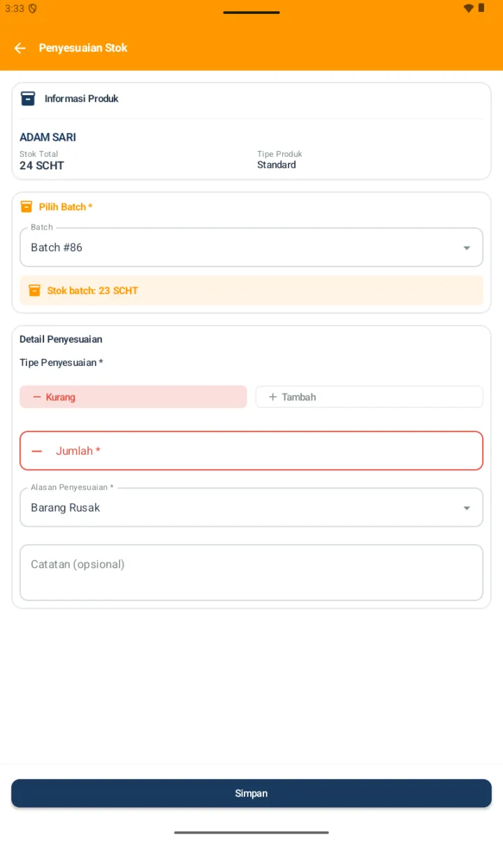 Form Penyesuaian Stok dengan Pilih Batch, Tipe Penyesuaian Kurang/Tambah, Jumlah, Alasan, dan Catatan