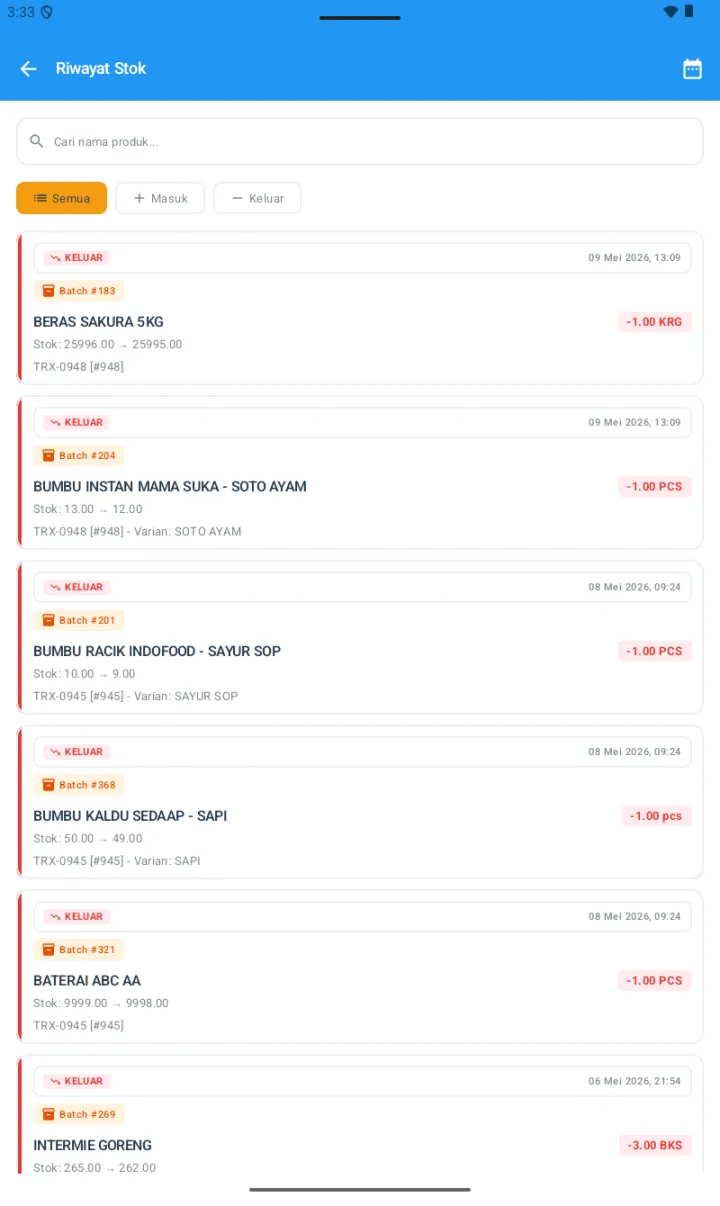 Halaman Riwayat Stok dengan tab Semua/Masuk/Keluar dan list perubahan stok dengan referensi transaksi