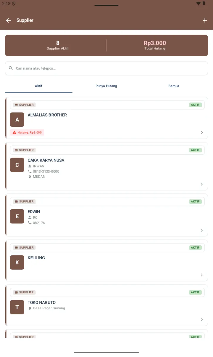 Halaman Supplier dengan stats card 8 Supplier Aktif dan Total Hutang Rp3.000, tab Aktif/Punya Hutang/Semua, dan list supplier