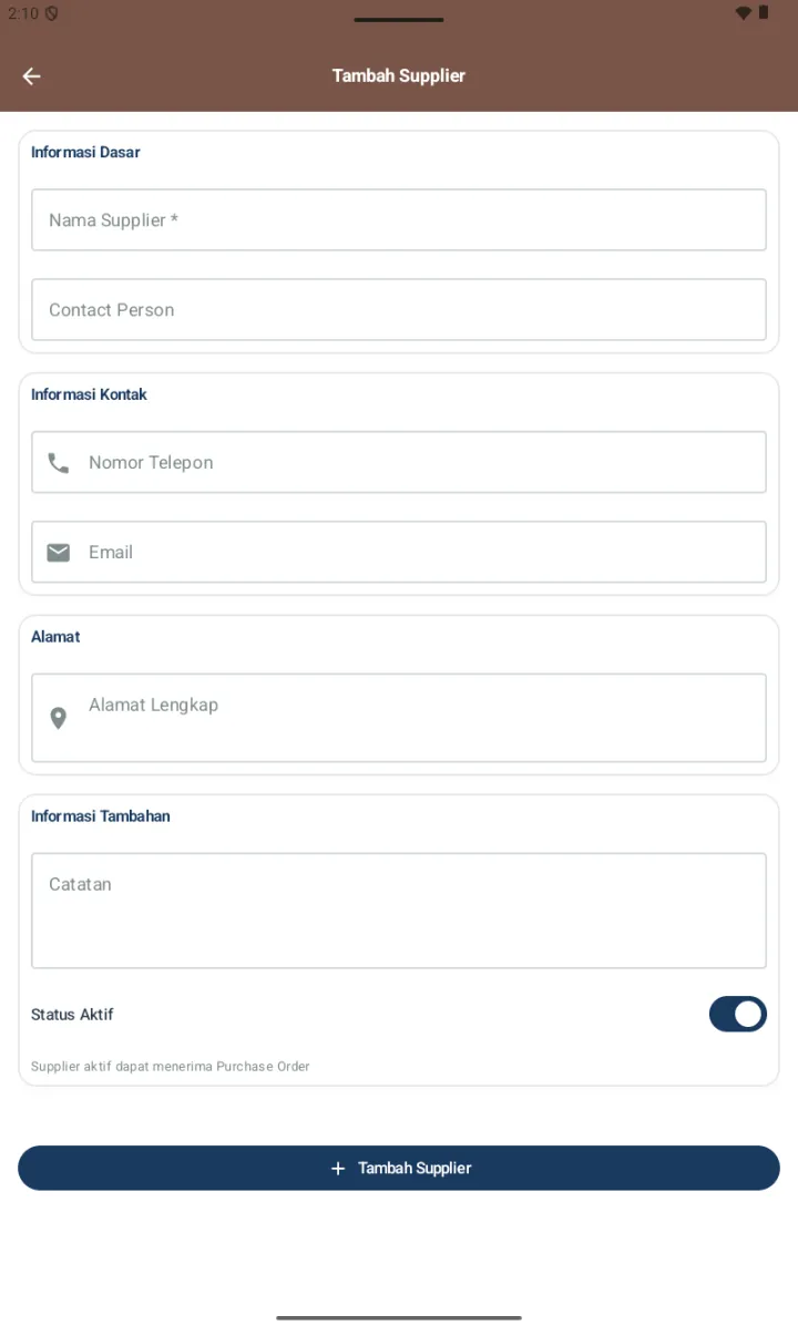 Form Tambah Supplier dengan section Informasi Dasar, Informasi Kontak, Alamat, dan Informasi Tambahan
